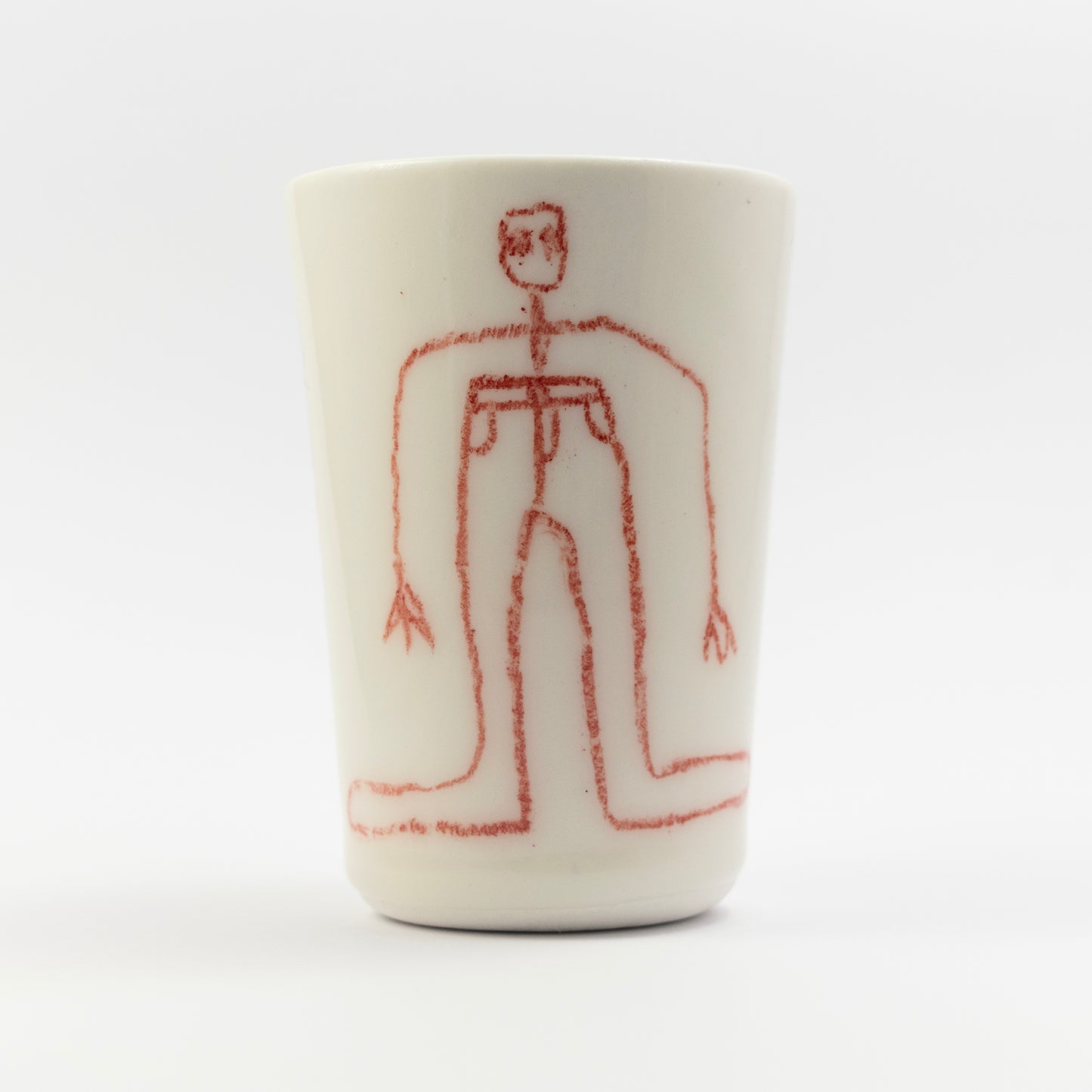 Tumbler showing a red line drawing of a stylized person with extended arms and legs shaped like trousers.